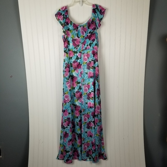 Betsey Johnson Off The Shoulder Floral Maxi Dress Size 14 Blue Roses Multicolor - Picture 3 of 12